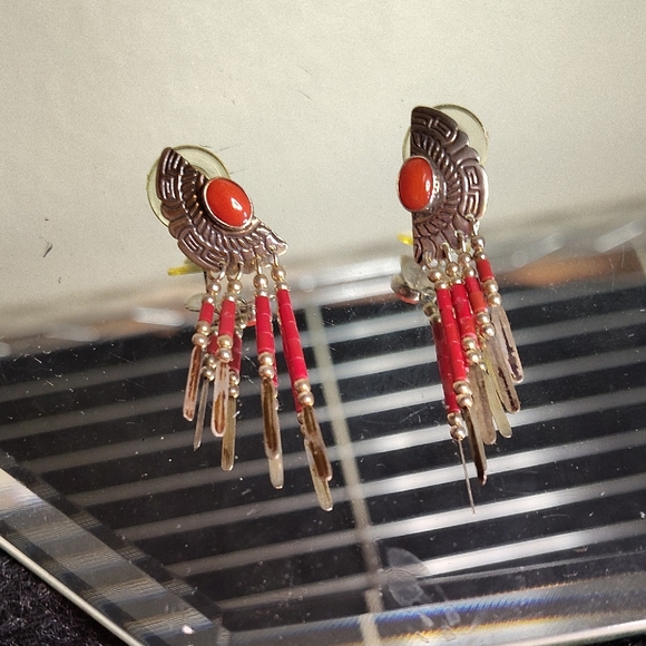 Vintage Native American Sterling Silver and Red Coral Dangle Earrings - Picture 1 of 2